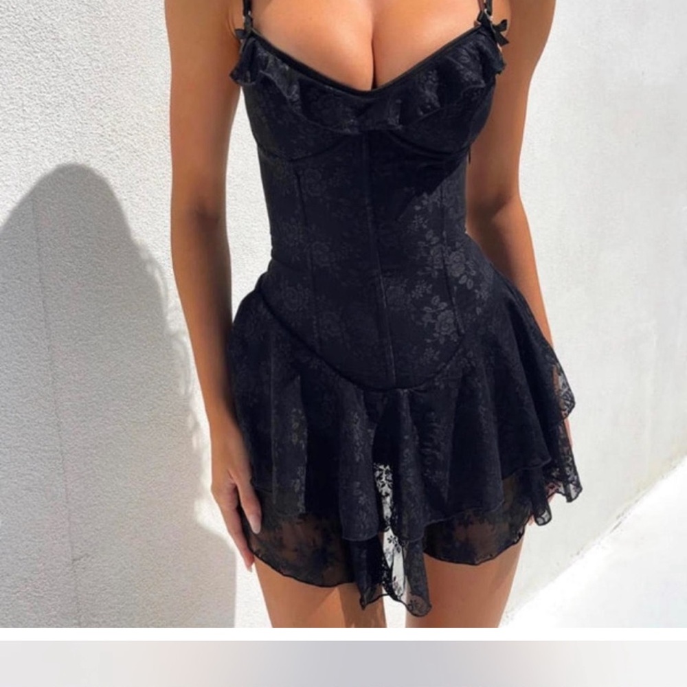 Black Lace Mini Dress with Ruffled Hem